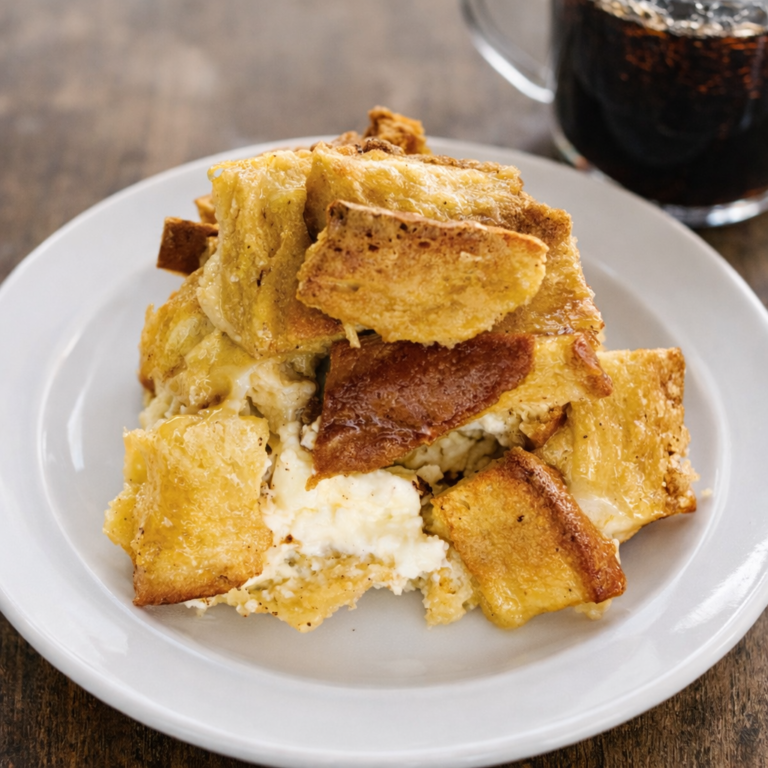 Overnight cream cheese French toast bake with streusel topping.