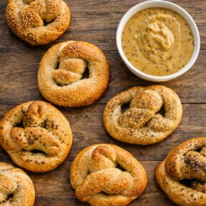 assortiment de bretzels et sauce moutarde