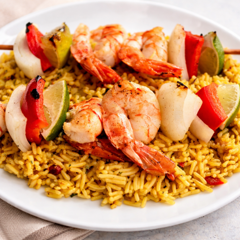 Lime tequila shrimp kebabs grilled with peppers and onions