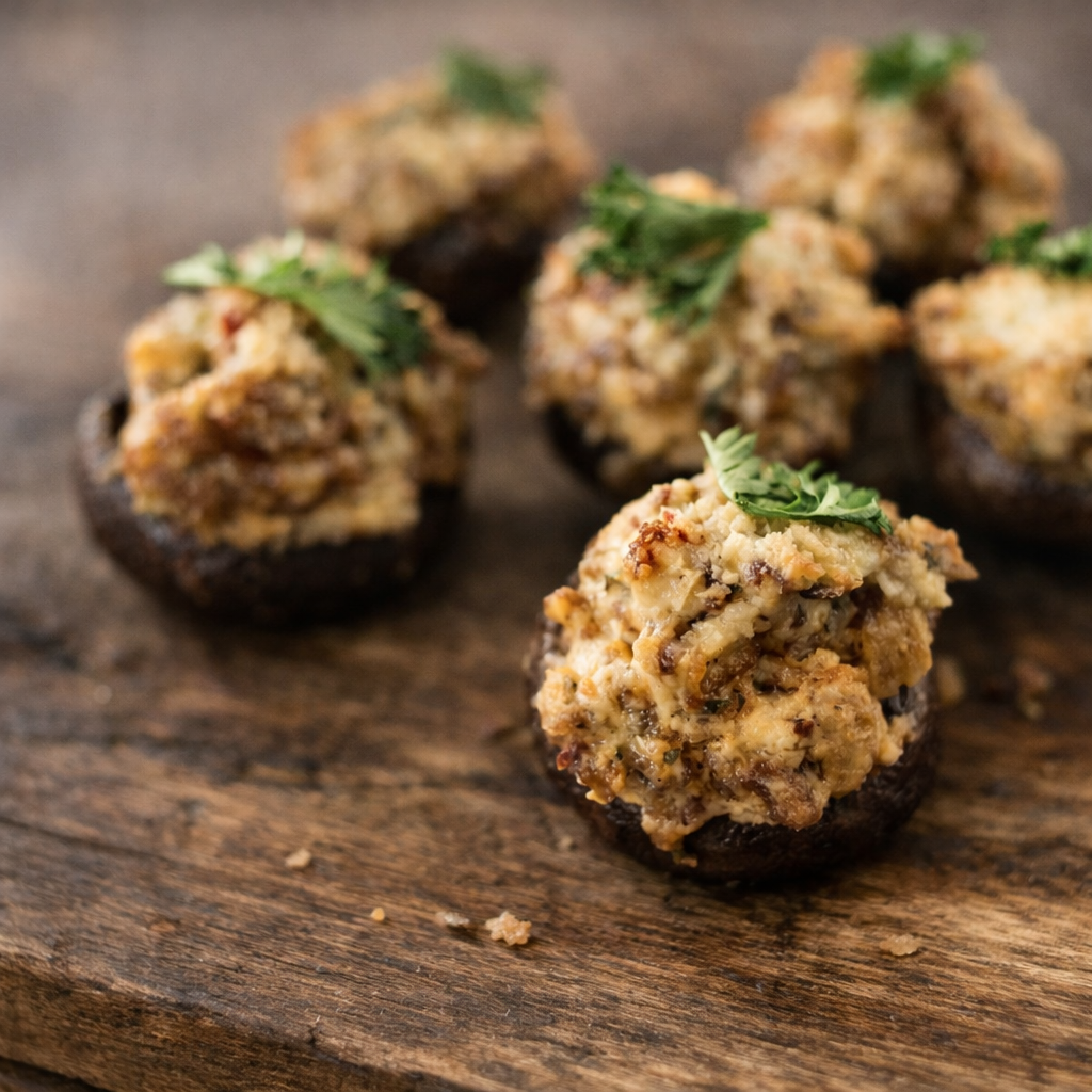 Italian sausage stuffed mushrooms topped with Parmesan cheese