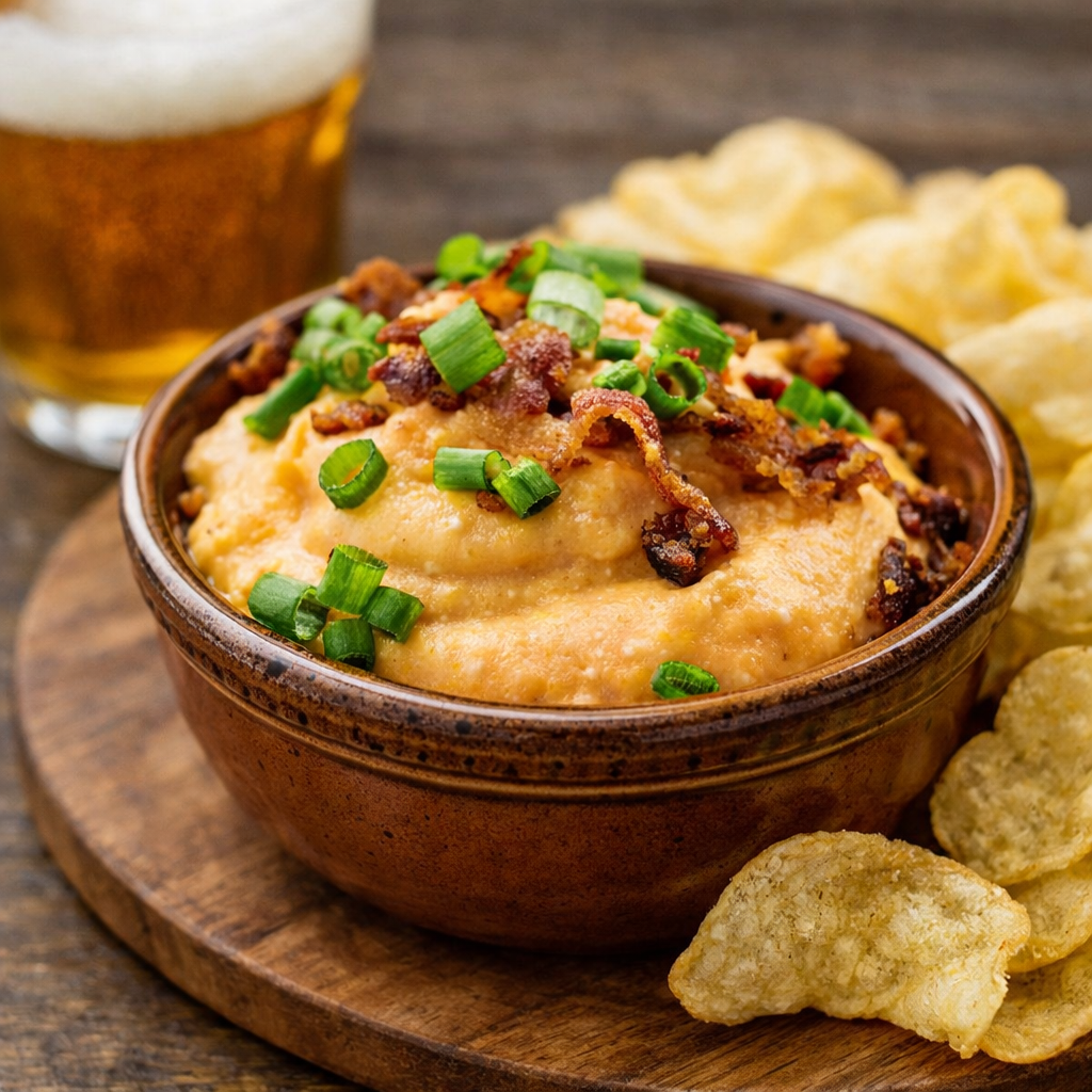 Slow cooker beer cheese dip topped with bacon and scallions