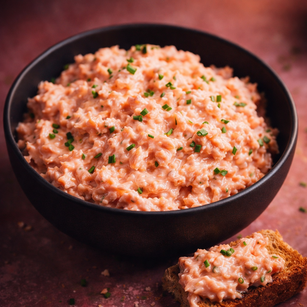 Creamy pan-fried salmon rillettes with chives in a bowl, served with toasted bread on the side.