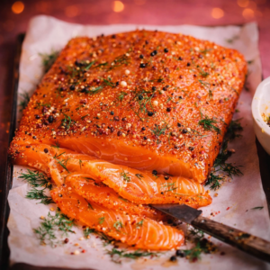 Thinly sliced salmon gravlax on parchment, scattered with dill fronds, crushed pink peppercorns, and coriander seeds.