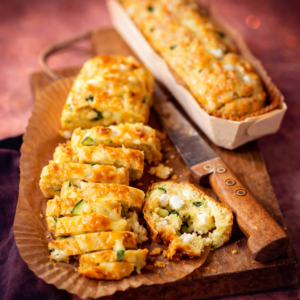 Savory feta loaf sliced on a board, showing zucchini pieces, feta crumbles, and pine nuts inside.