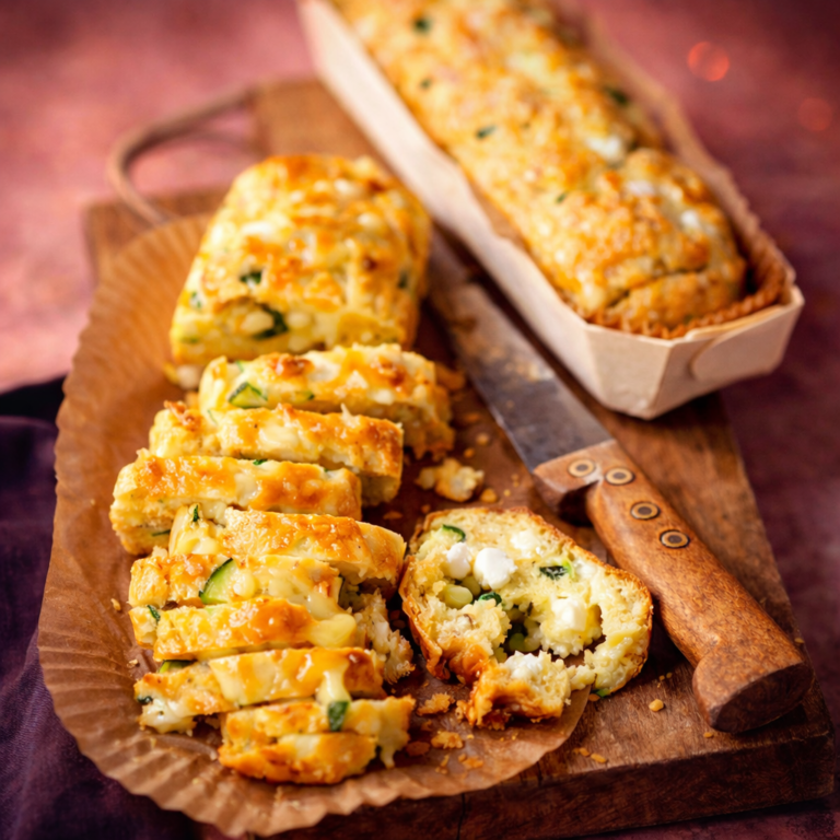 Savory feta loaf sliced on a board, showing zucchini pieces, feta crumbles, and pine nuts inside.