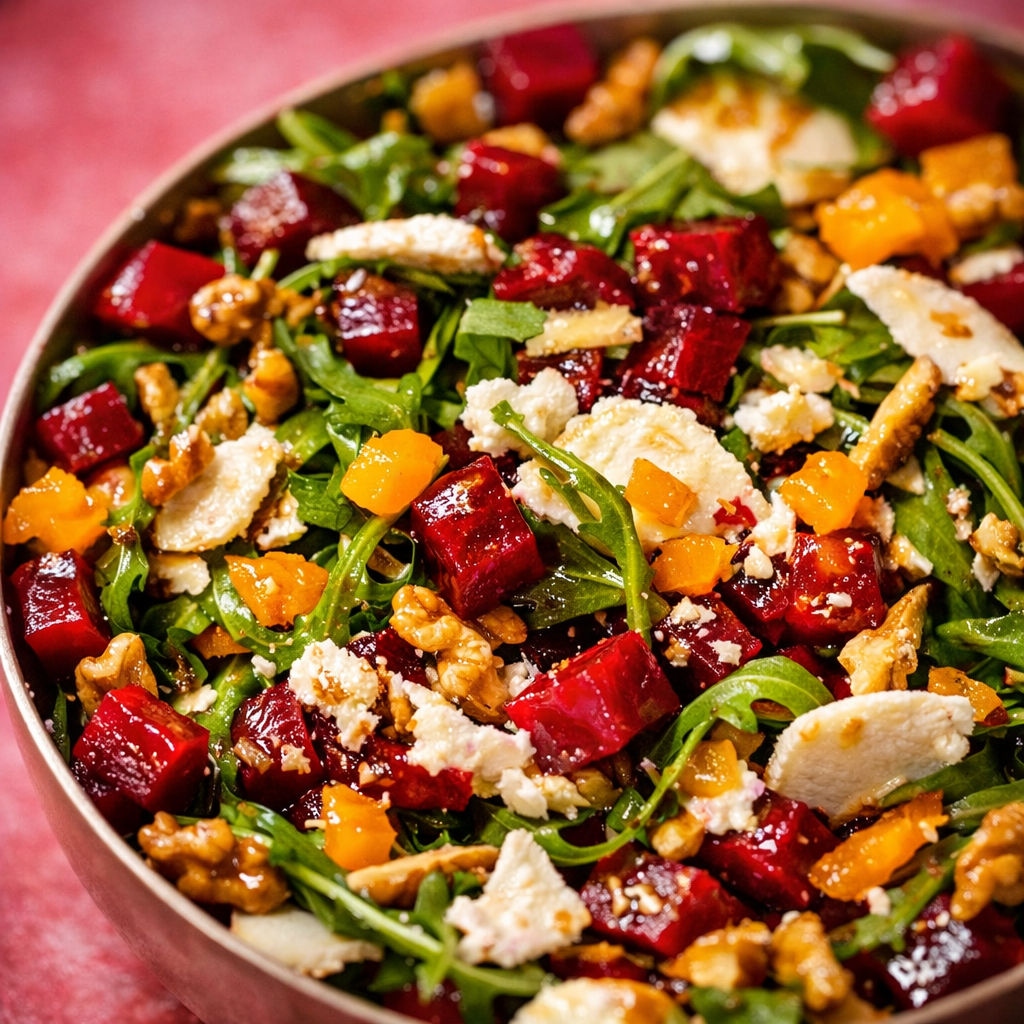 Arugula salad with beet cubes, thin slices of semi-dry goat cheese, chopped dried apricots, and walnut halves tossed with vinaigrette in a round serving bowl.