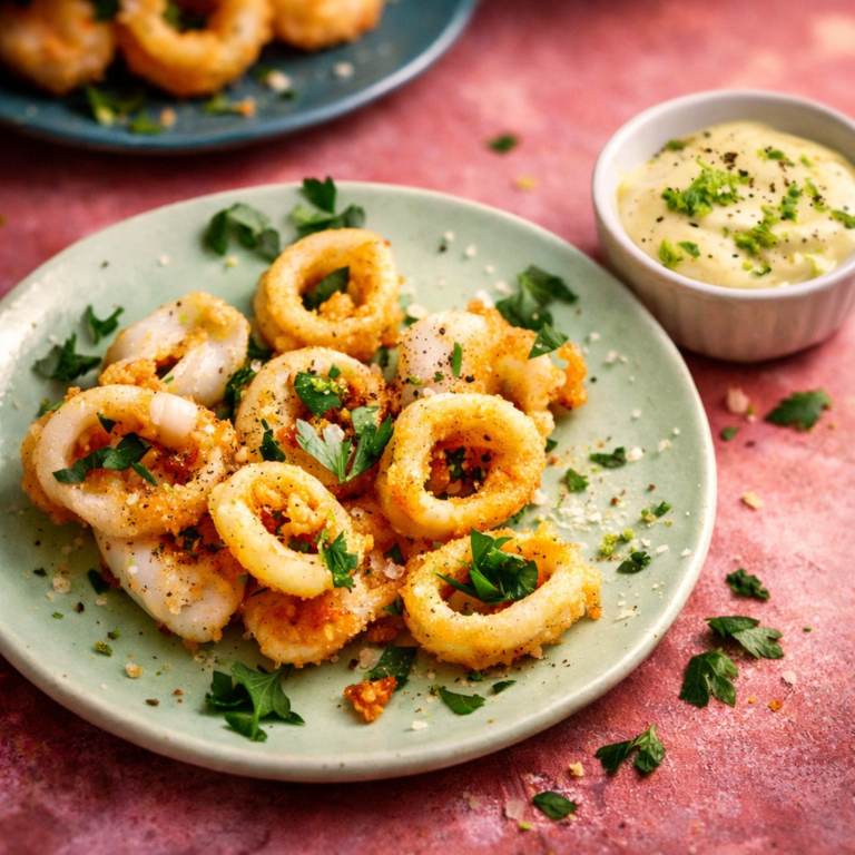 Golden calamari rings served family-style with a creamy lime mayonnaise dipping sauce, garnished with lime zest and herbs.