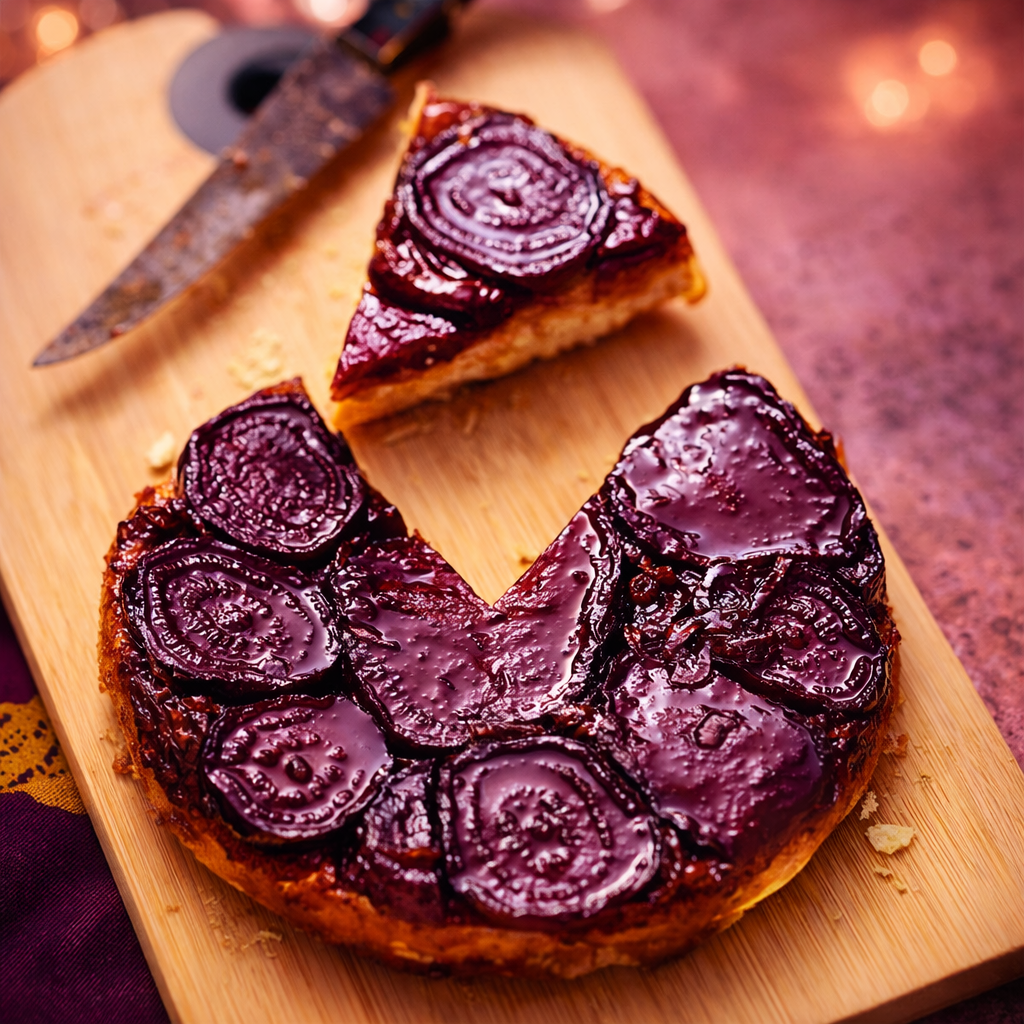 Glossy balsamic beet and red onion upside-down tart, inverted to reveal caramelized beet slices on a golden crust.
