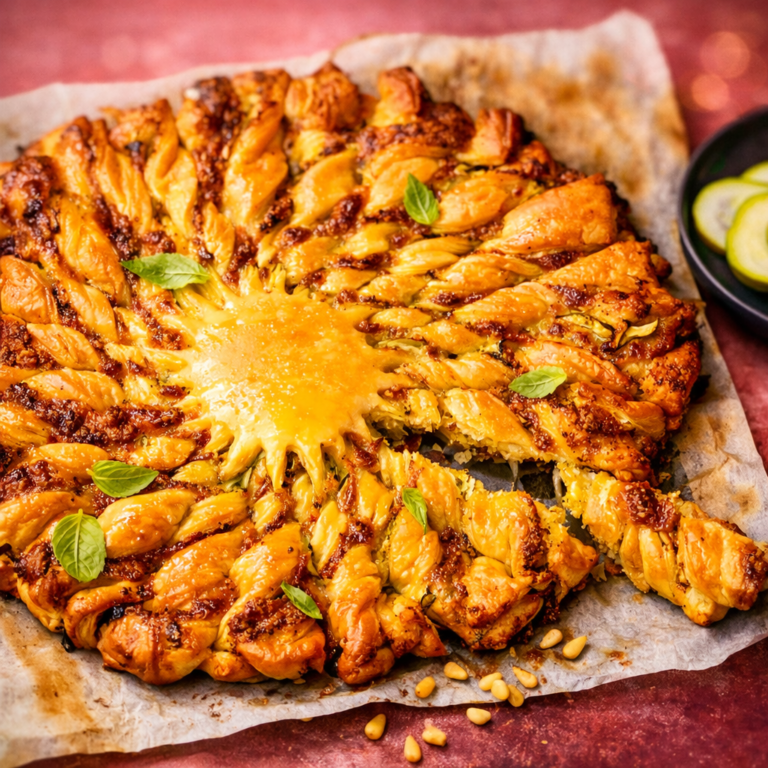 Golden puff pastry sun tart twisted into rays, filled with basil pesto, mozzarella, and zucchini ribbons on parchment paper.