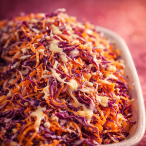 Colorful rainbow coleslaw made with shredded red and green cabbage, grated carrots, and a creamy honey mayonnaise dressing in a white serving dish.