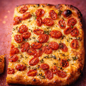 Golden focaccia baked on a sheet pan, topped with roasted cherry tomatoes, thyme leaves, and flaky sea salt.