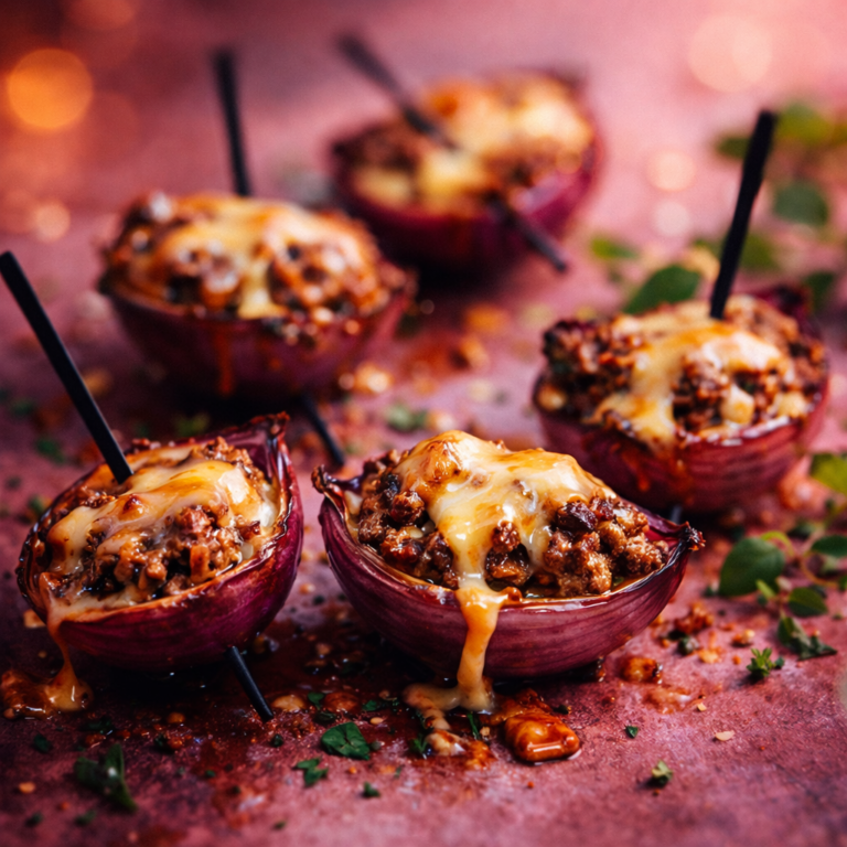 Red onion layers stuffed with a spiced ground-beef mixture, browned on a griddle, and finished with chopped herbs.