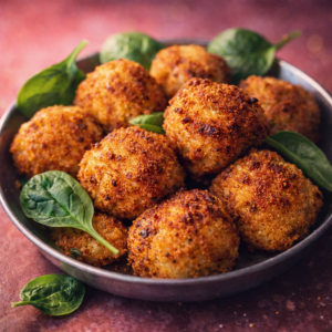 Golden pan-fried veal meatballs with spinach and gorgonzola, coated in breadcrumbs and served in a bowl with fresh baby spinach leaves.