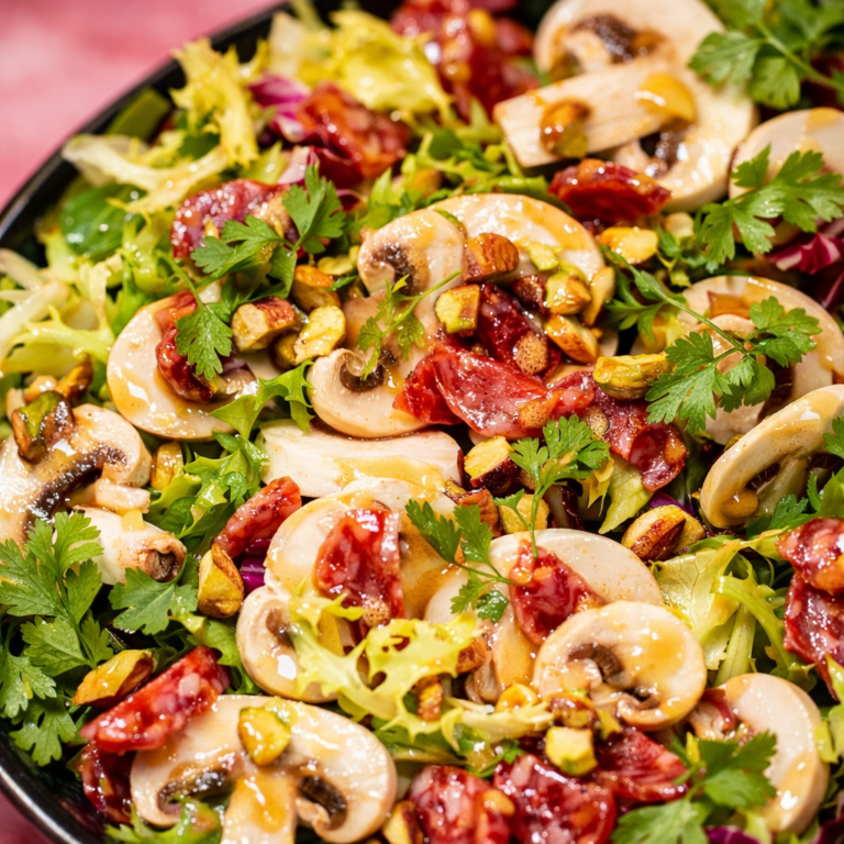 A bowl of mixed greens topped with sliced white button mushrooms, salami pieces, chervil leaves, pistachios, and a light vinaigrette drizzle.