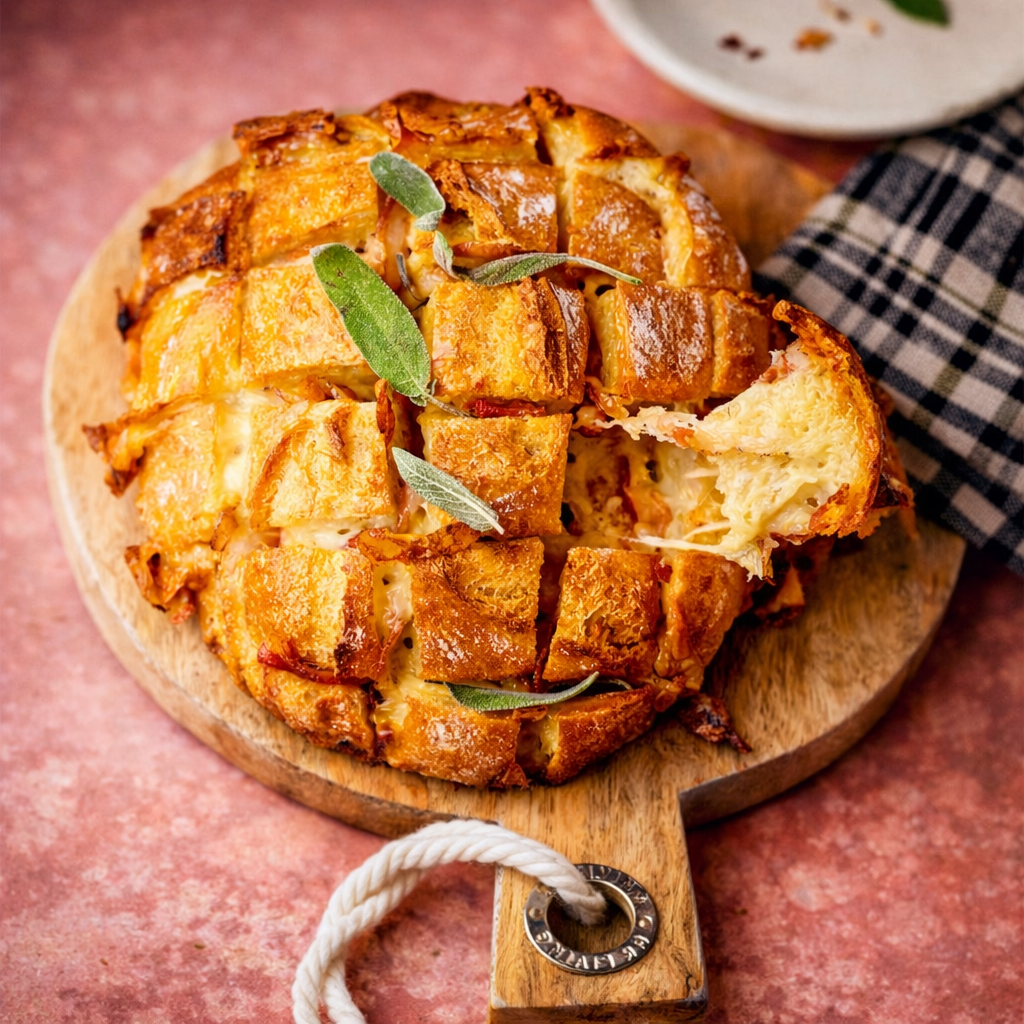 Rustic Italian loaf scored into cubes and stuffed with scamorza, pancetta, and sage, baked until golden and pull-apart gooey.