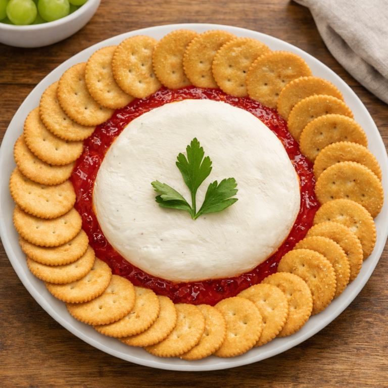 Easy cream cheese dip with red pepper jelly and crackers