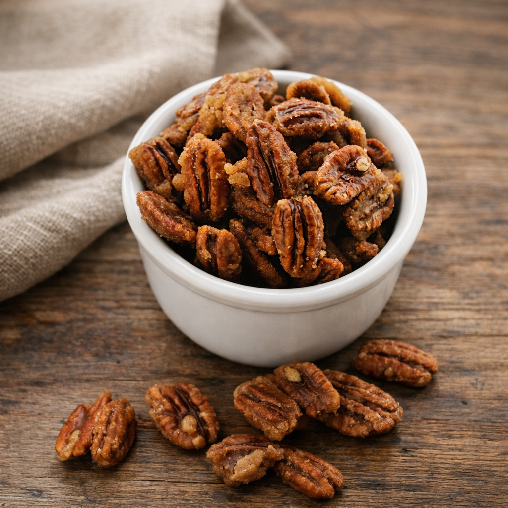 Homemade candied pecans cooling on parchment paper