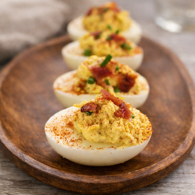 Loaded deviled eggs with bacon and chives on a serving platter