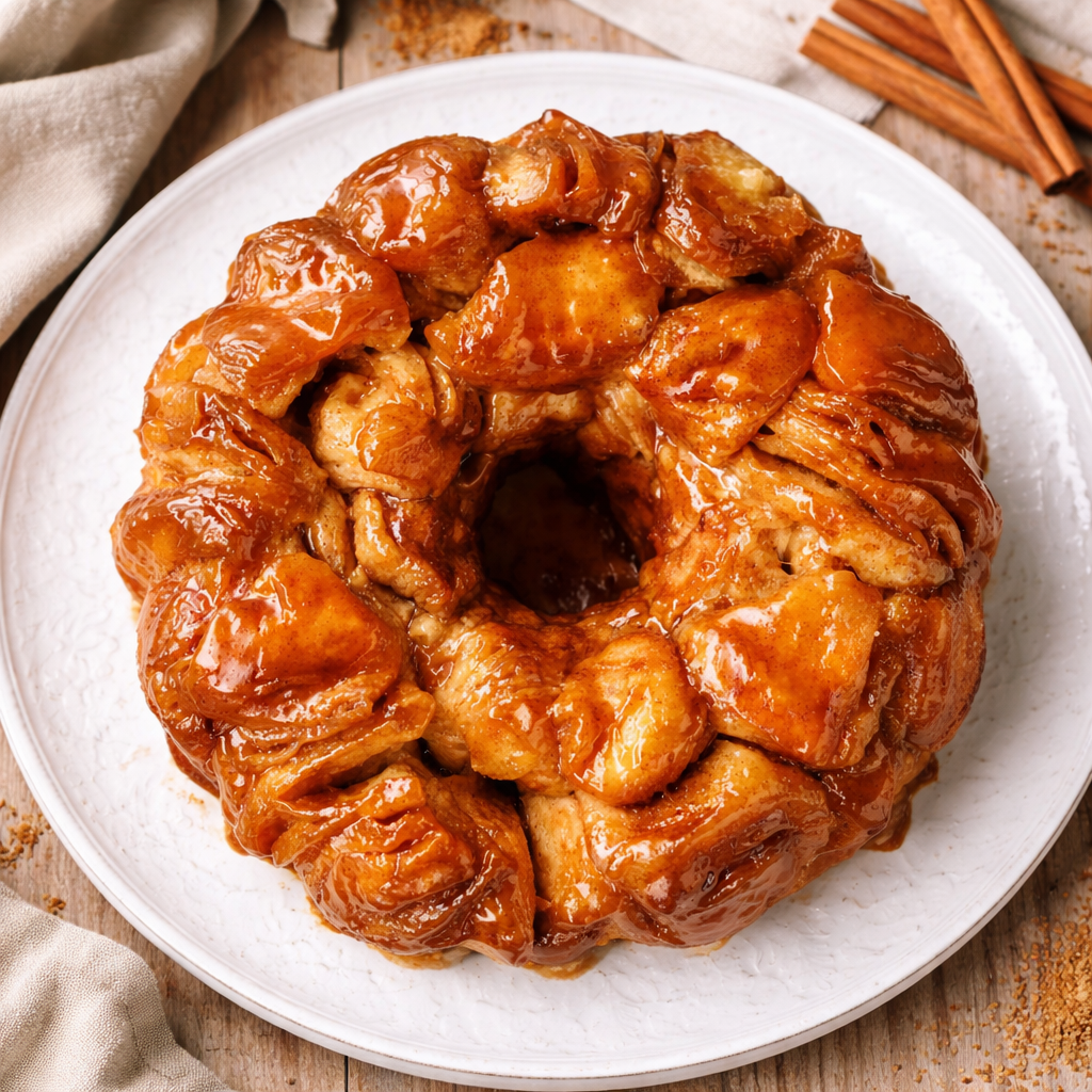 Sticky monkey bread pulled apart from a bundt pan