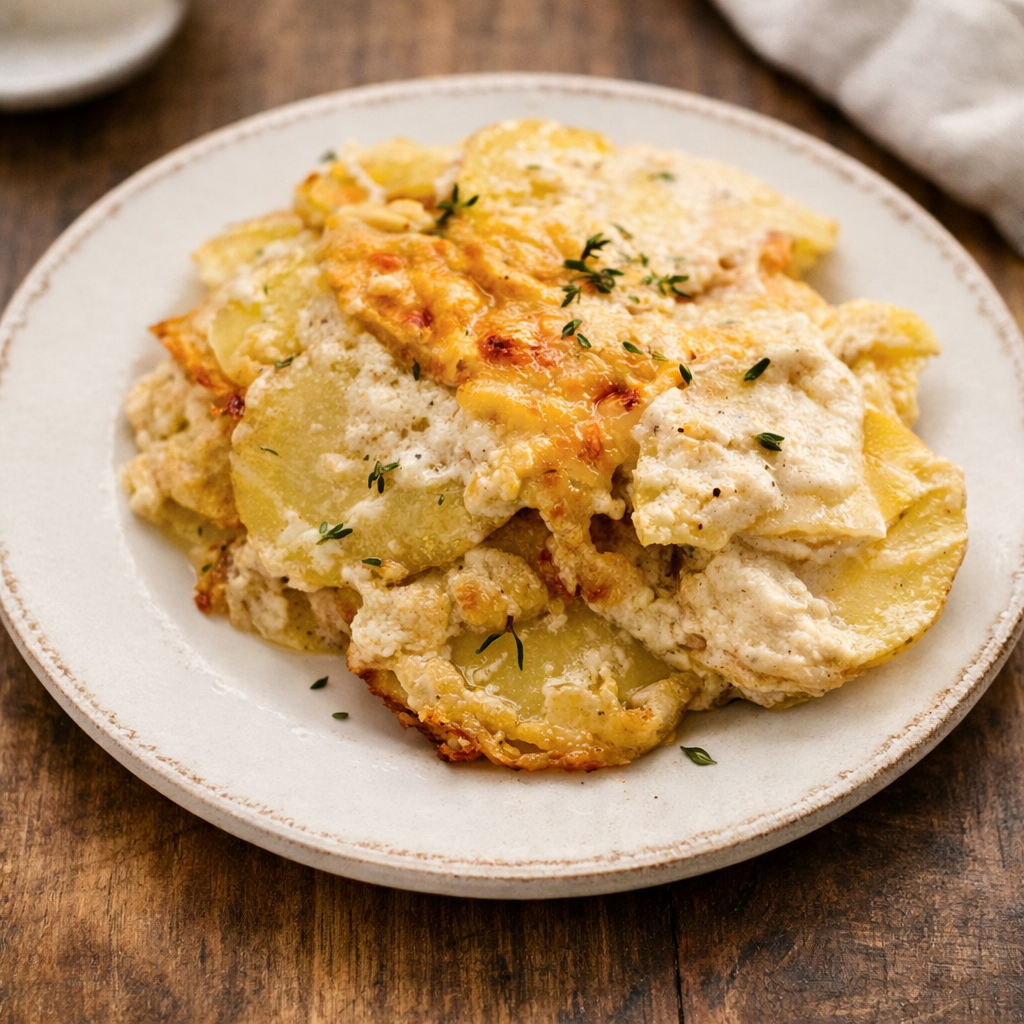 Creamy scalloped potatoes with Gruyère cheese baked until golden
