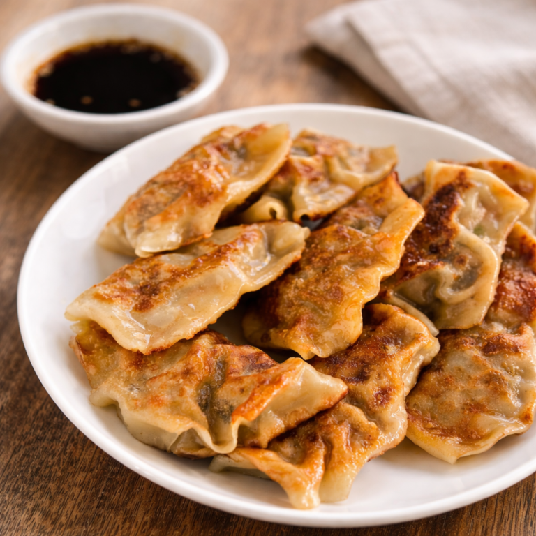Crispy homemade pork potstickers with dipping sauce