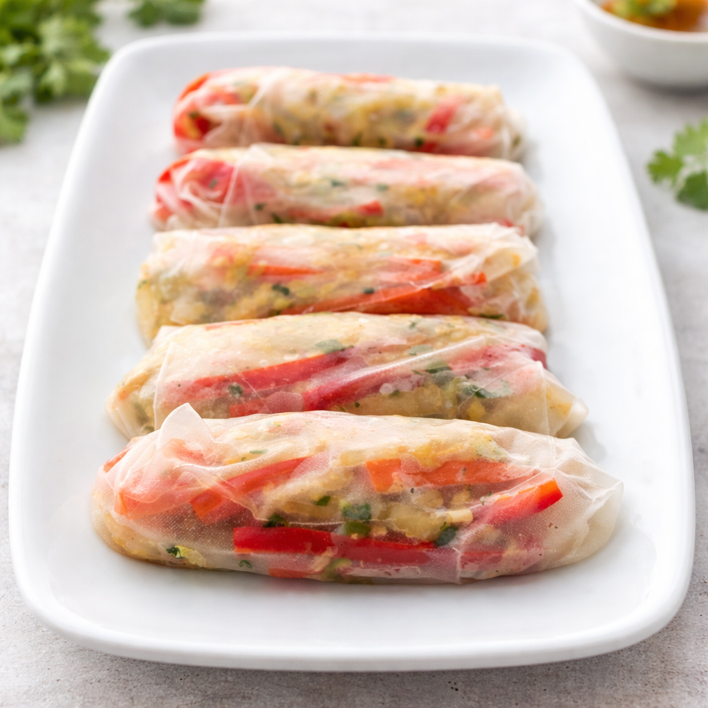 Vegetarian spring rolls filled with fresh vegetables and herbs
