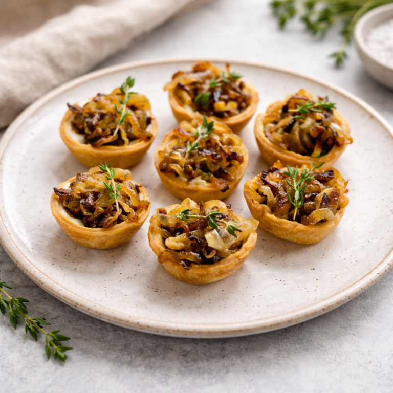 Caramelized onion tartlets with thyme garnish on a platter