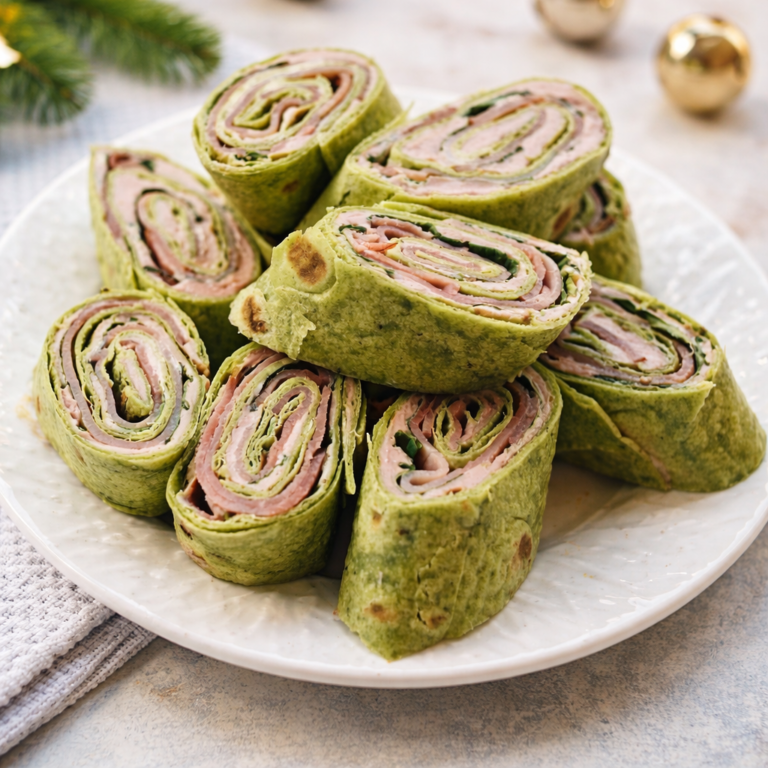 Holiday pinwheels made with spinach tortillas and deli meat