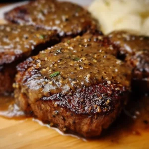 Amish Poor Man's Steak served with sides on a rustic table.