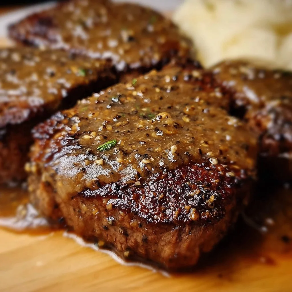 Amish Poor Man's Steak served with sides on a rustic table.
