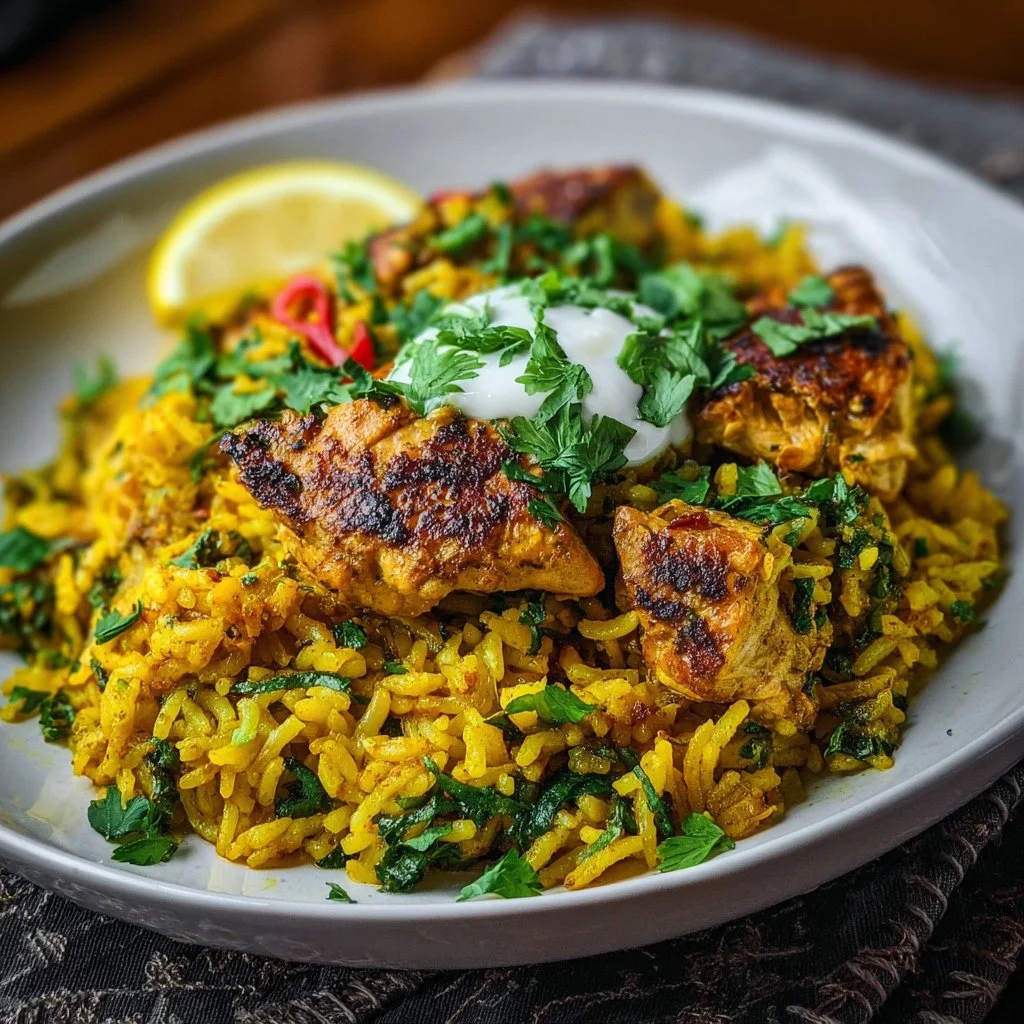 Delicious anti-inflammatory turmeric chicken served with rice on a plate