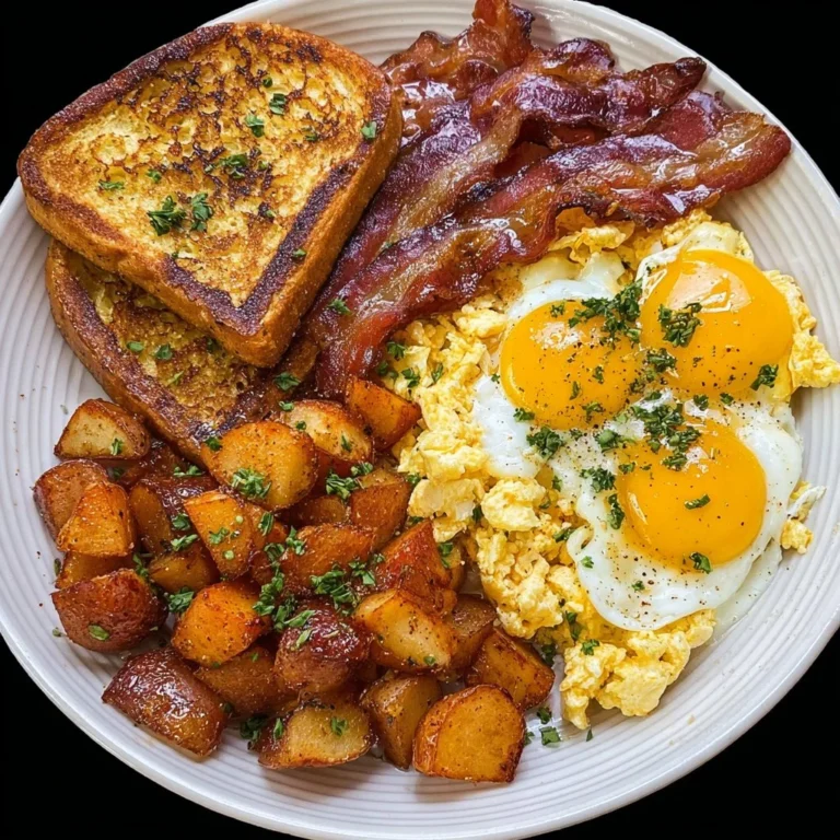 Plate of Bacon French Toast served with eggs and seasoned potatoes.