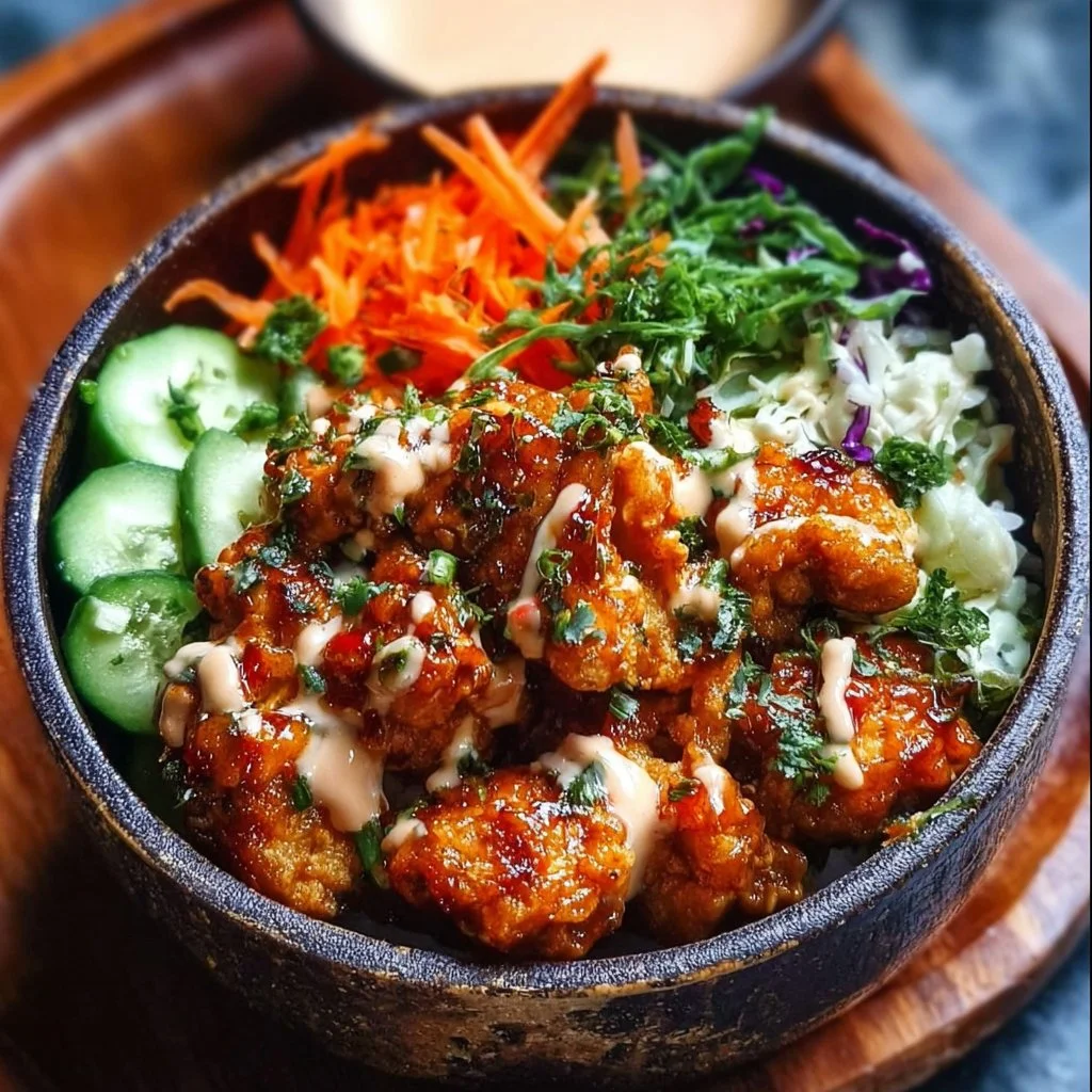 Delicious Bang Bang Chicken Bowl with crispy chicken and fresh vegetables