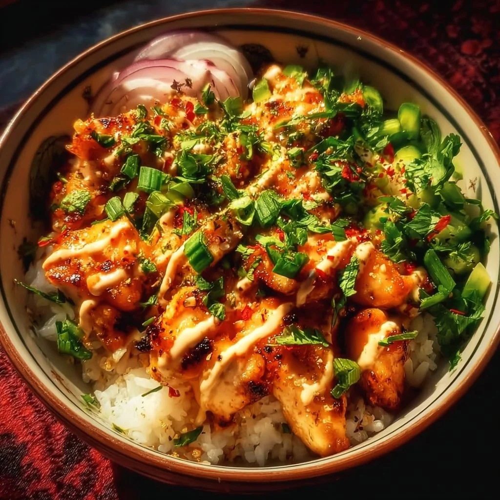 A delicious Bang Bang Chicken Bowl with spicy sauce and fresh vegetables