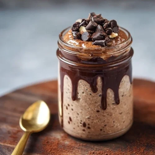 Brownie Batter Overnight Oats Brownie batter overnight oats in a mason jar topped with chocolate and nuts