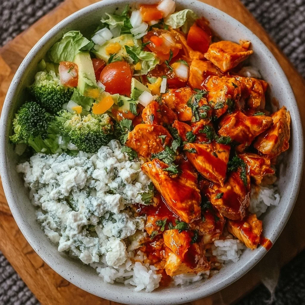 Delicious Buffalo Chicken Bowl with toppings and fresh ingredients
