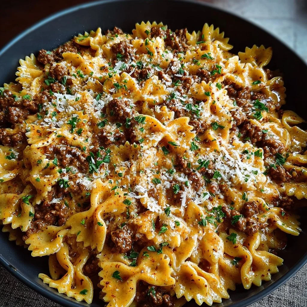 Cajun Cream Cheese Alfredo Bowties with Spiced Ground Beef served in a bowl.