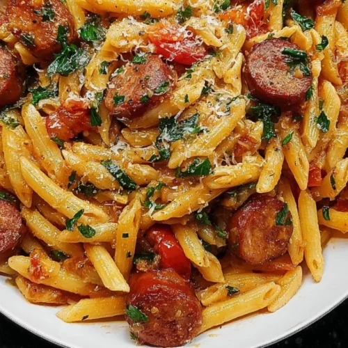 Cajun Sausage Pasta Delicious Cajun Sausage Pasta served in a bowl with vibrant colors