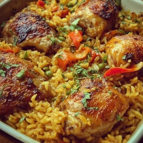 A delicious plate of Caribbean Chicken and Rice served with vibrant vegetables