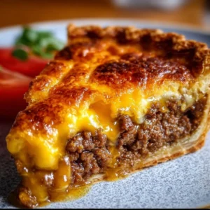A delicious slice of homemade Cheeseburger Pie topped with cheese and herbs.