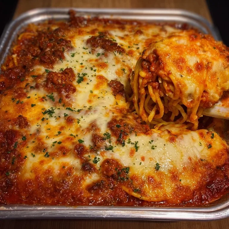 Delicious cheesy baked spaghetti in a casserole dish, ready to serve.