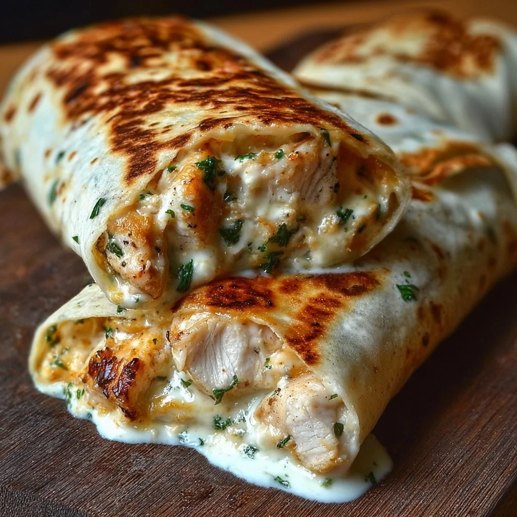 Delicious cheesy chicken garlic wraps filled with savory ingredients.