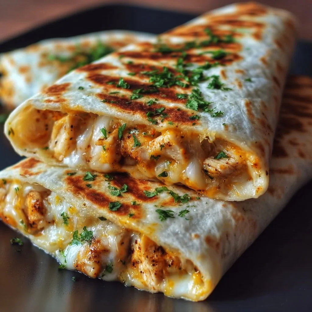 Cheesy garlic chicken wraps with fresh ingredients wrapped in soft tortillas
