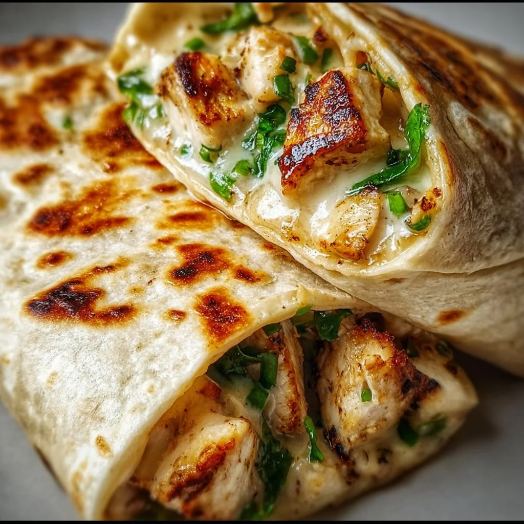 Cheesy garlic chicken wraps filled with tender chicken and melted cheese.