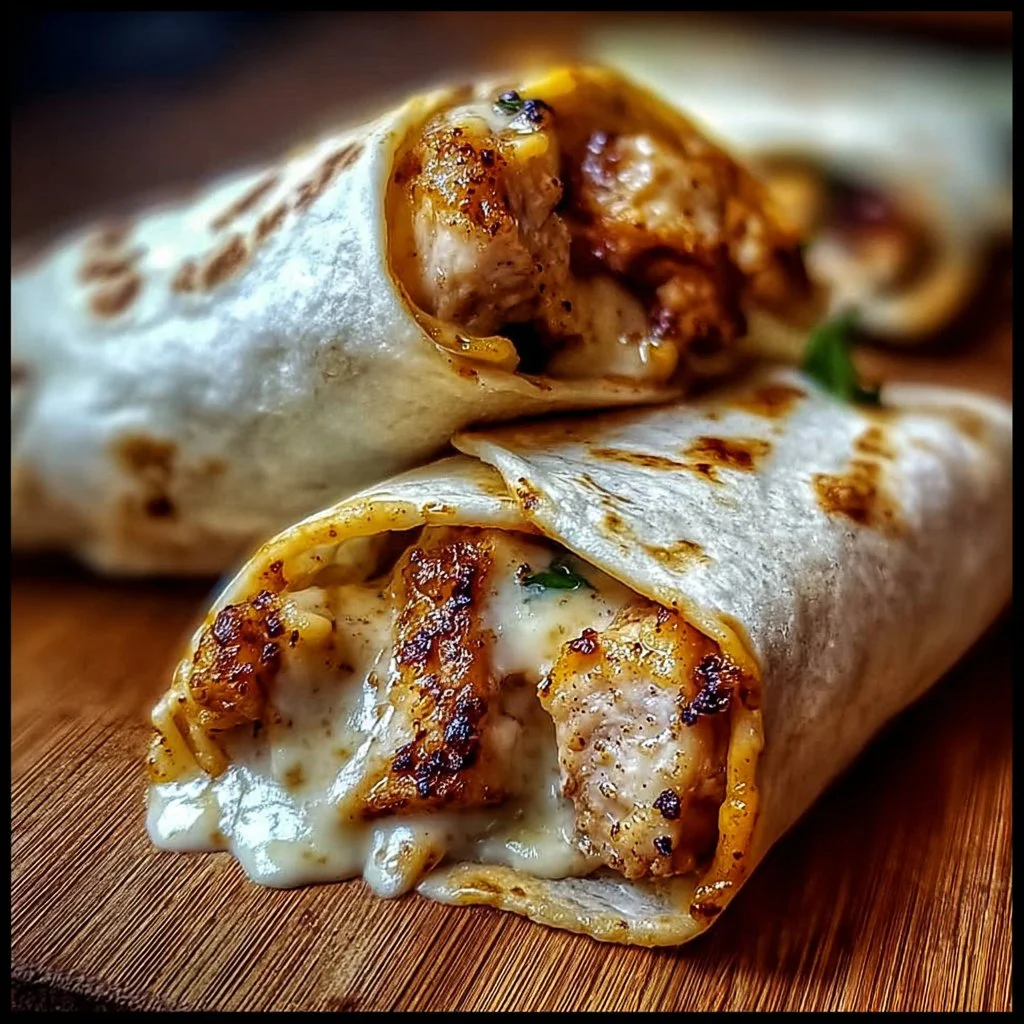 Cheesy garlic chicken wraps filled with tender chicken and melted cheese