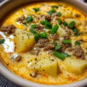 Bowl of cheesy Hamburger Potato Soup topped with herbs and cheese.