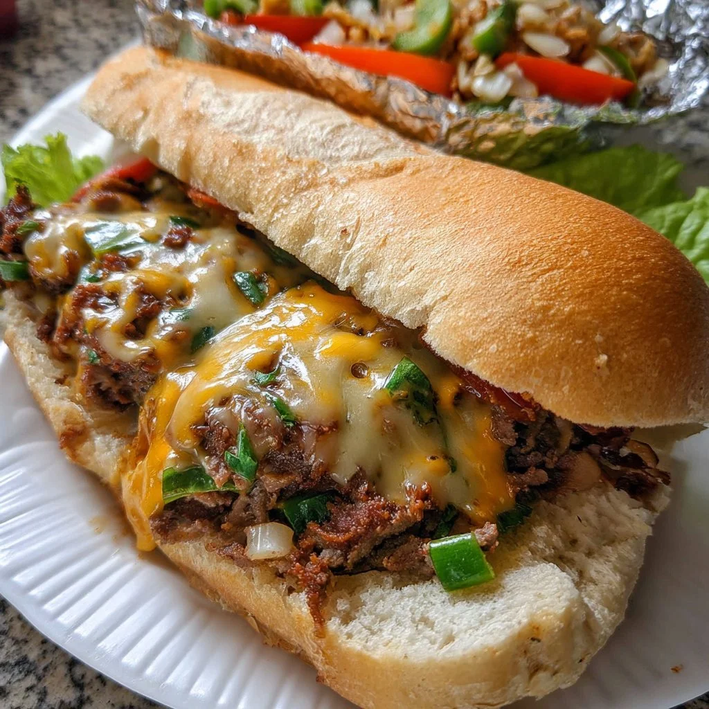 Cheesy Loaded Steak Sandwich with melted cheese and juicy steak on toasted bread