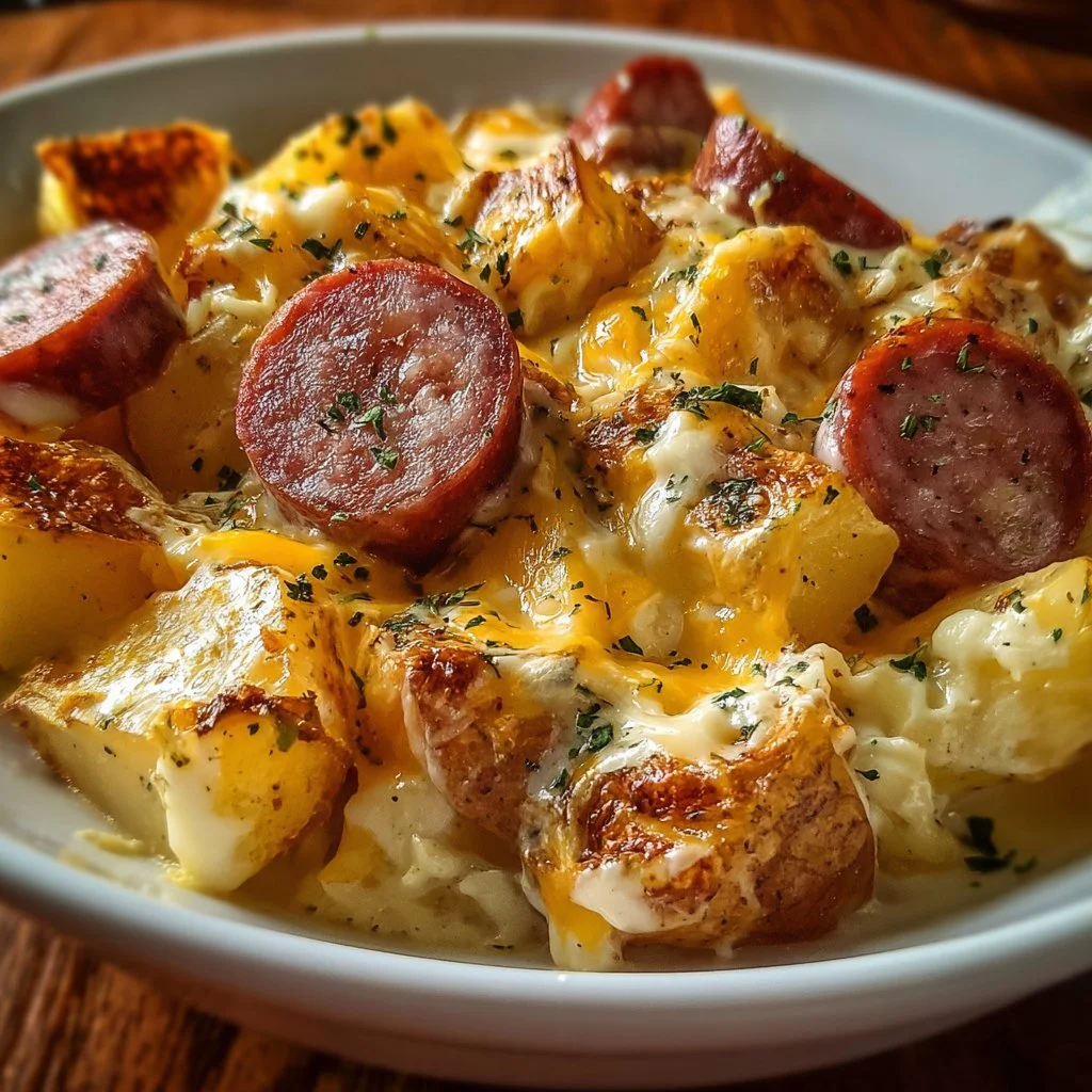 Cheesy ranch potatoes served with smoked sausage on a plate
