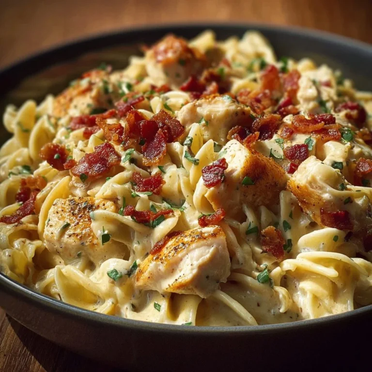 Creamy Chicken Bacon Ranch Pasta dish with crispy bacon and tender chicken.