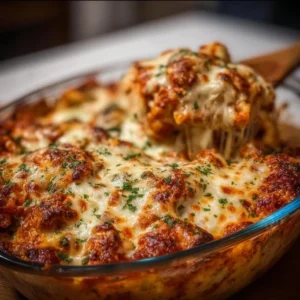 Delicious Chicken Parmesan Casserole topped with melted cheese and marinara sauce.